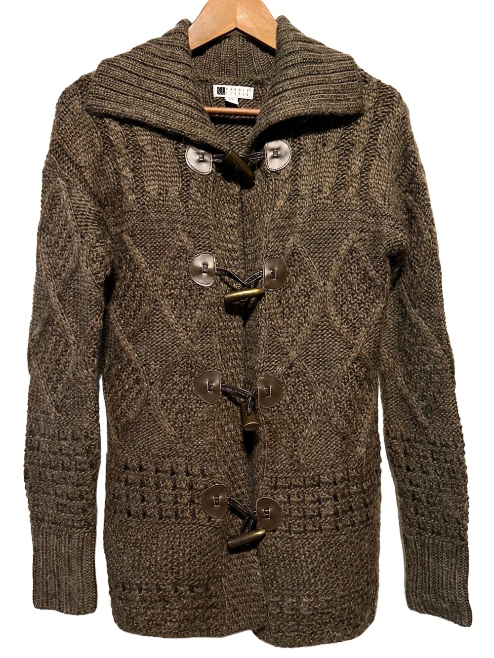 Carole Little Wool Alpaca Toggle Sweater Coat Cable Knit Brown Small